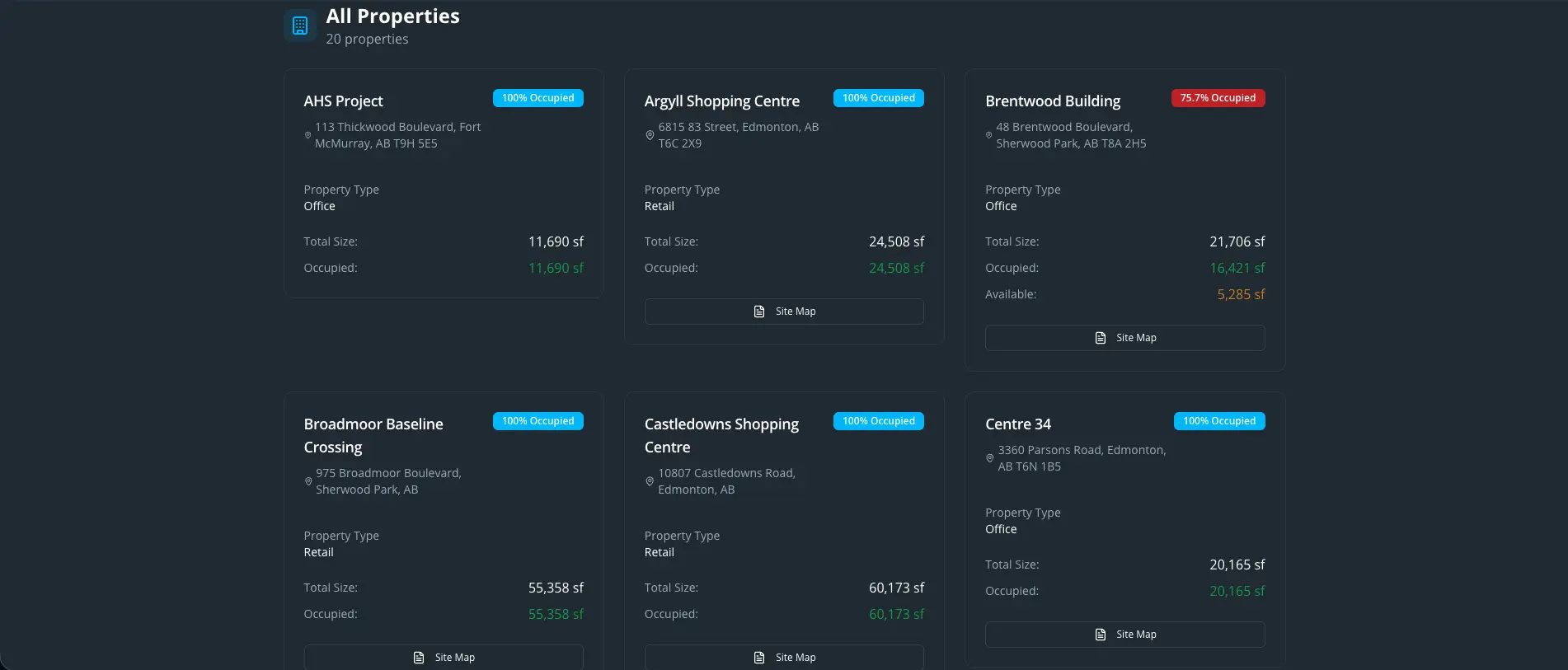Property Masters portfolio page showing 20 commercial properties with occupancy data