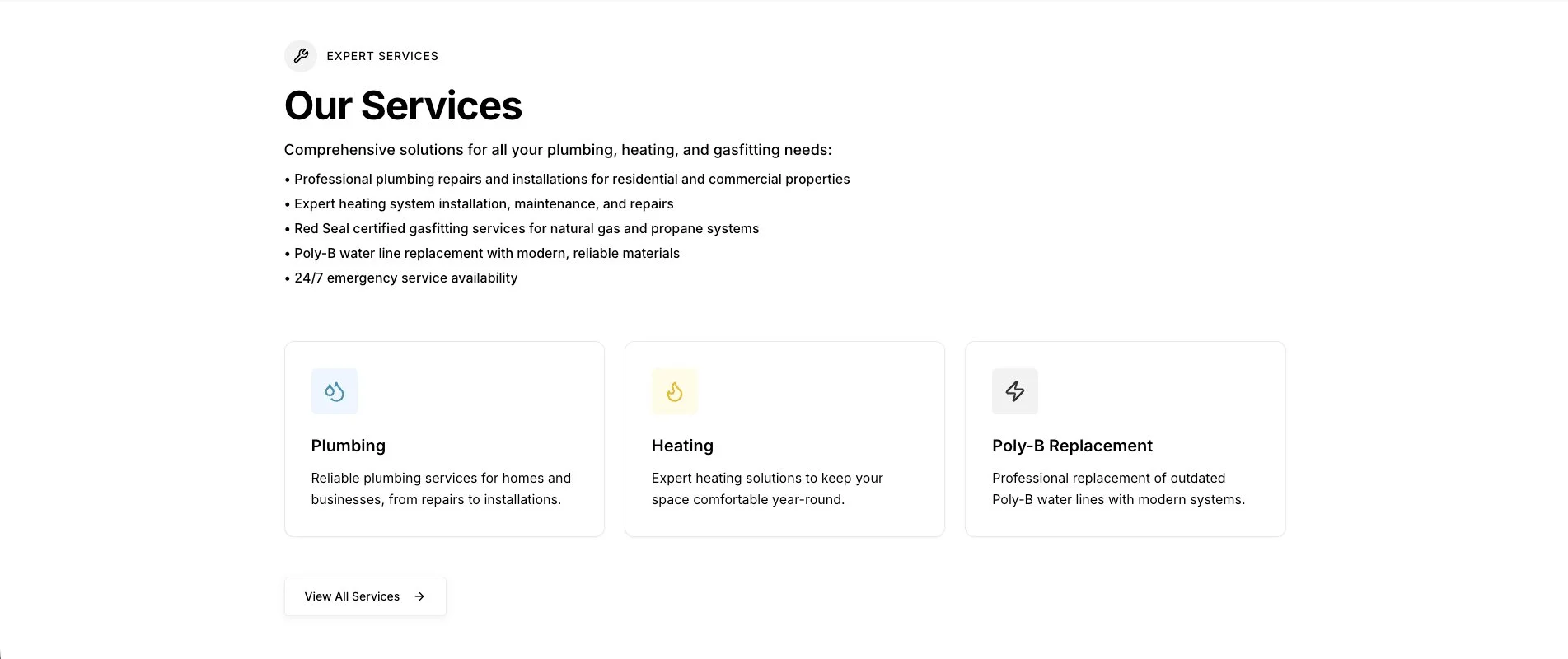 TMAC Plumbing services page showing plumbing, heating, and poly-B replacement services